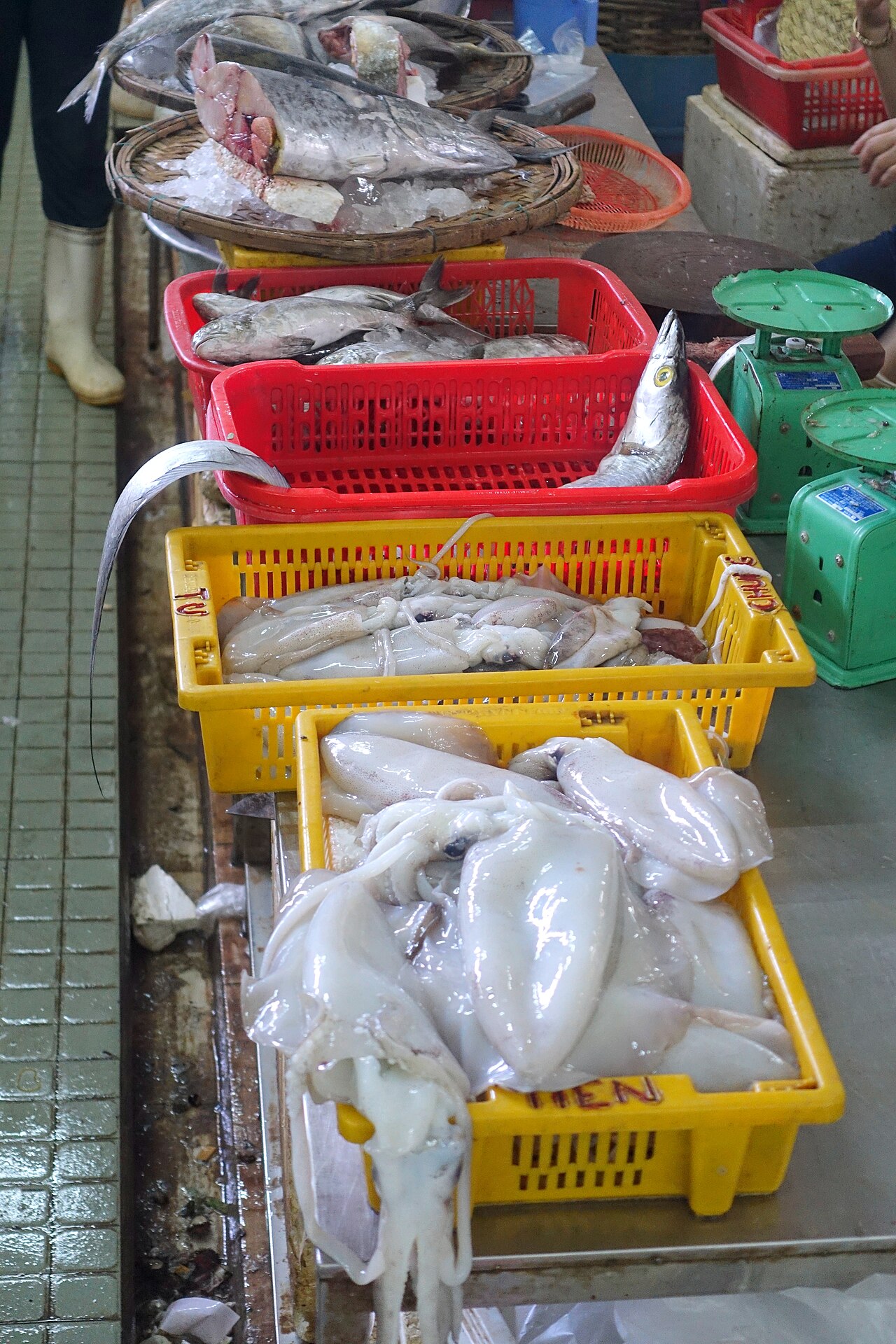Hải sản và cân tại Chợ Hàn minh họa việc xác nhận đơn vị và khối lượng khi gọi món